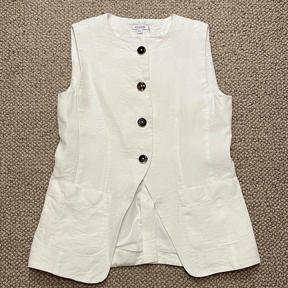 Chico's White Sleeveless Button-Front Linen Vest